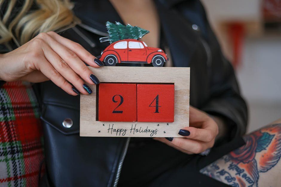 A woman holds a festive countdown sign for December 24th, with a car carrying a tree. Perfect for holiday cards.