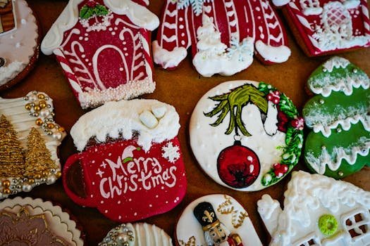 Colorful and artistic Christmas cookies with festive decorations perfect for the holidays.