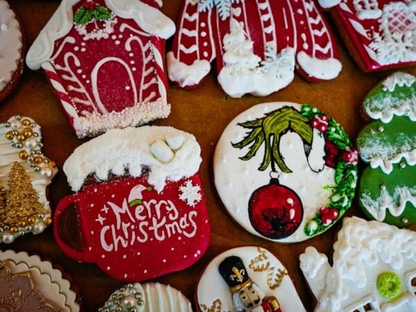 Colorful and artistic Christmas cookies with festive decorations perfect for the holidays.